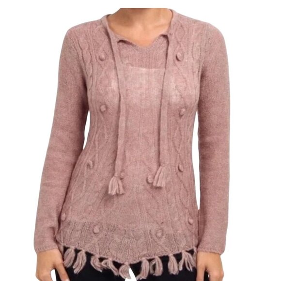 PrAna Shelby Poncho Cable Knit Fringe Sweater Mauve Pink Medium Boho Cozy Wool - Picture 1 of 8